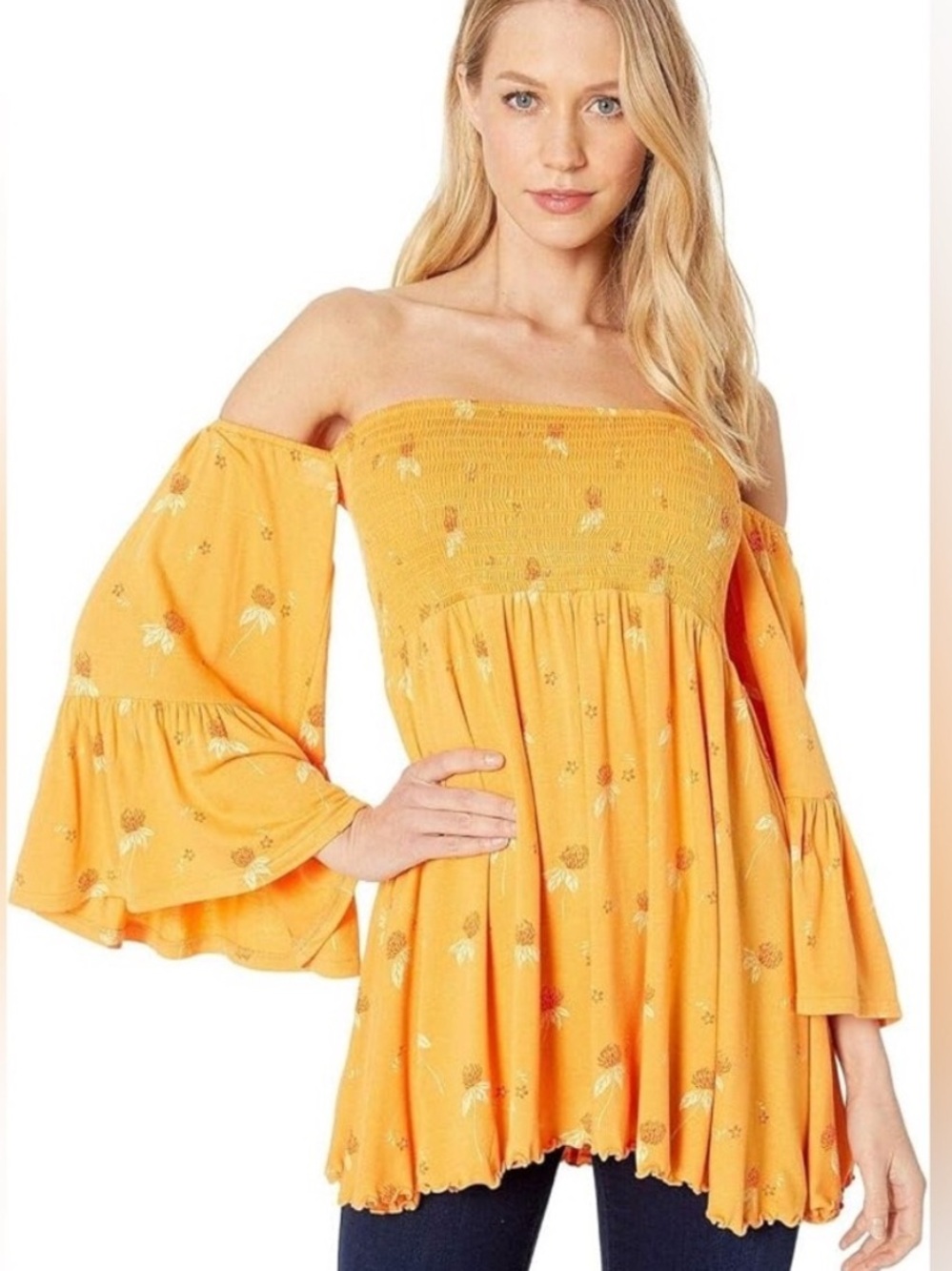 Free People Orange Floral Off-Shoulder Puff Sleeve Top